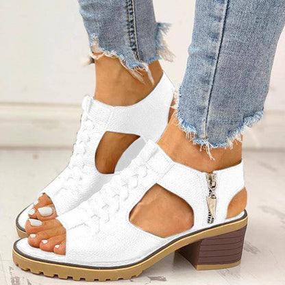 Dames Sandalen Peep Toe Chunky Hak PU Leer Rits