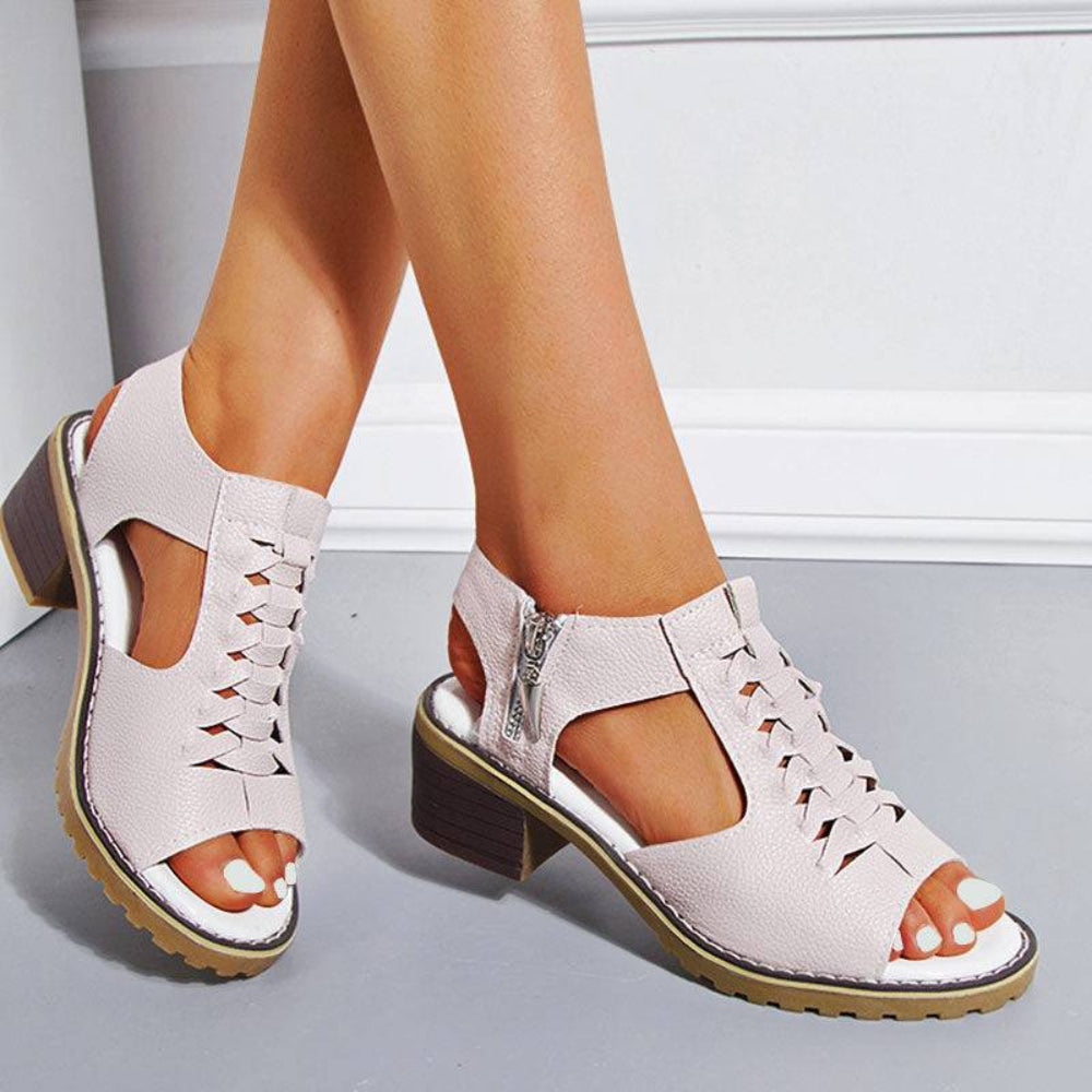 Dames Sandalen Peep Toe Chunky Hak PU Leer Rits