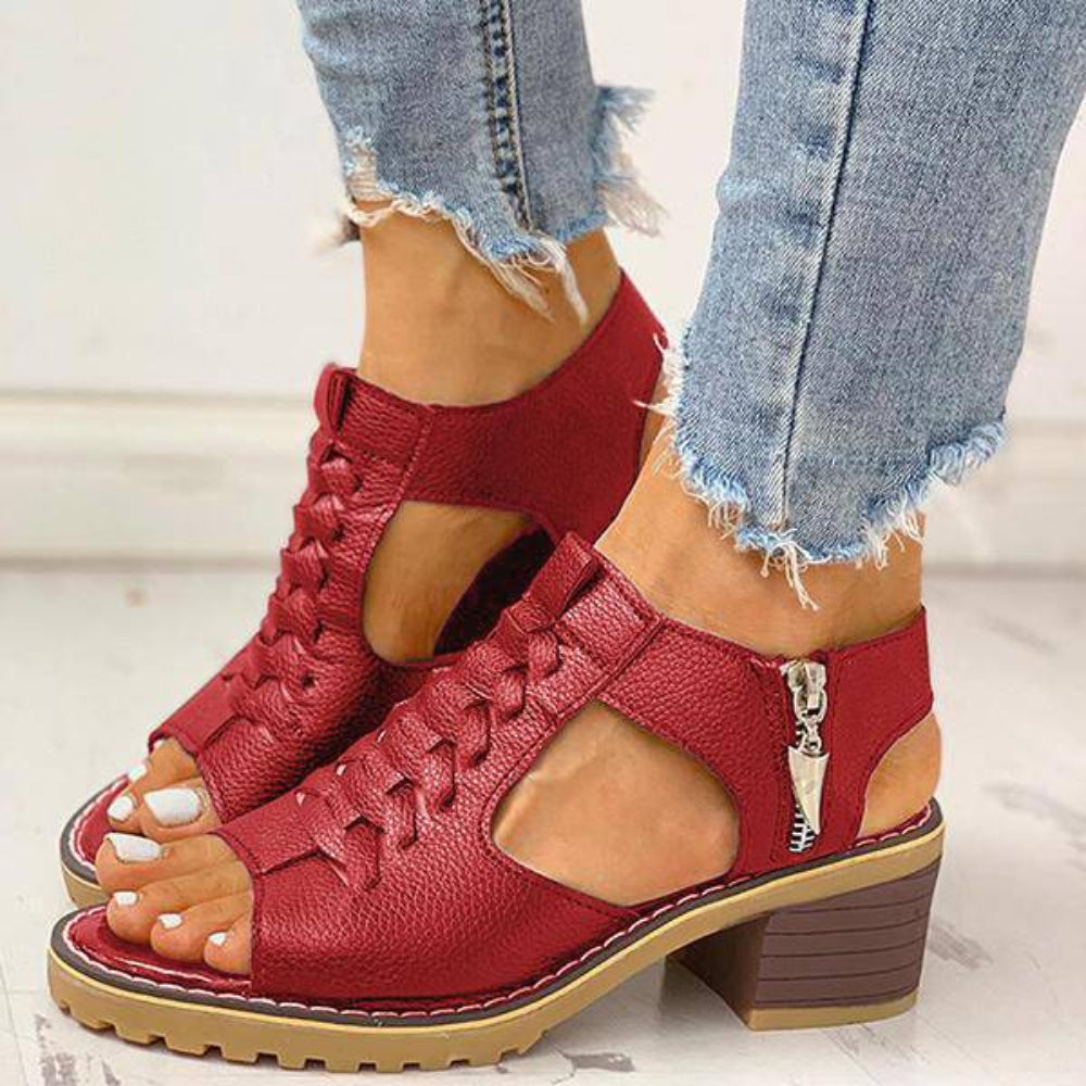 Dames Sandalen Peep Toe Chunky Hak PU Leer Rits