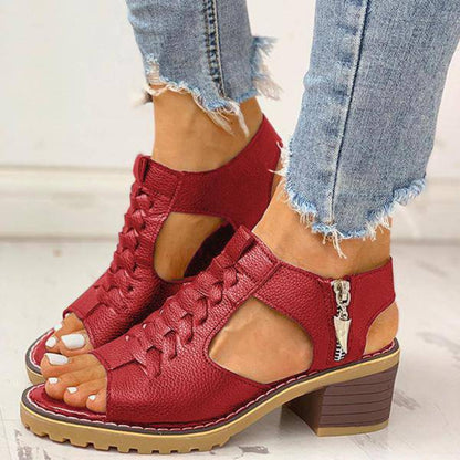 Dames Sandalen Peep Toe Chunky Hak PU Leer Rits