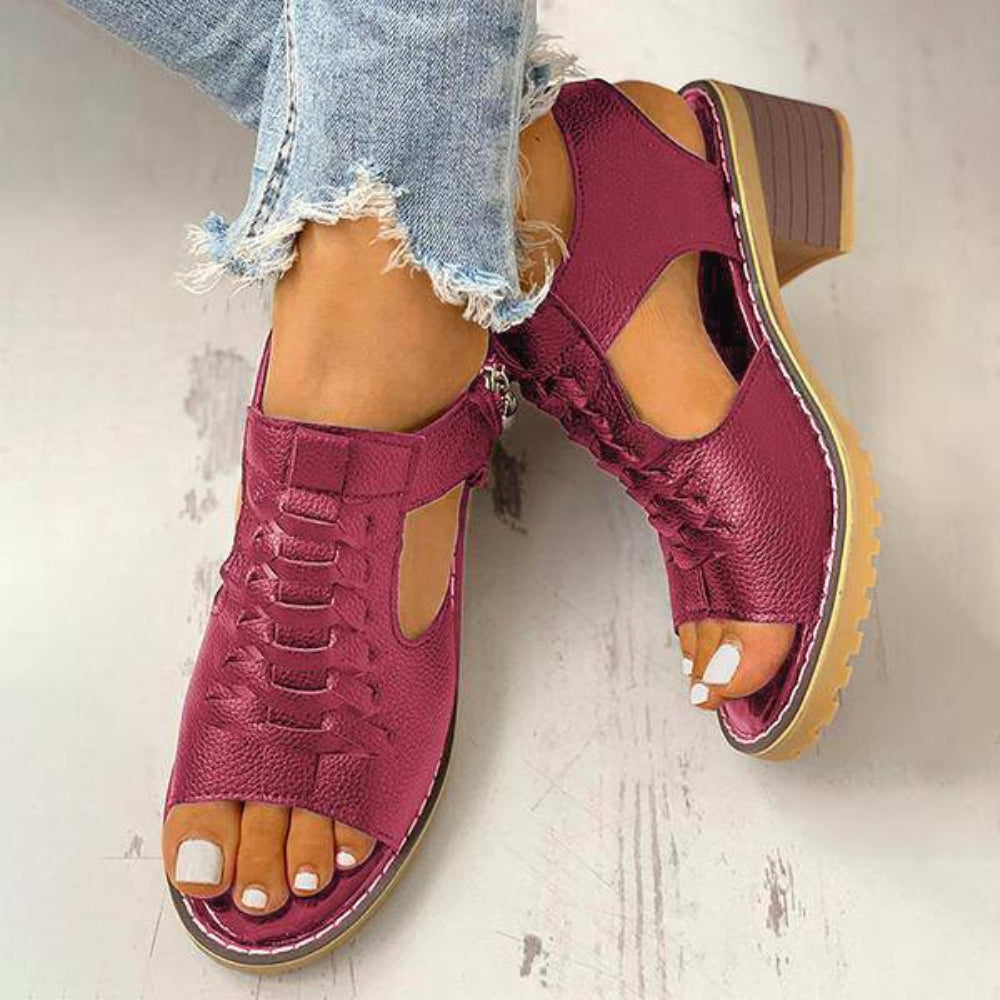 Dames Sandalen Peep Toe Chunky Hak PU Leer Rits