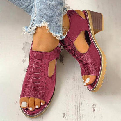 Dames Sandalen Peep Toe Chunky Hak PU Leer Rits