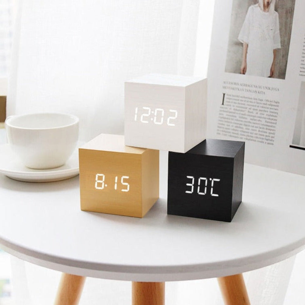 Wekker Digitale LED Houten Kubus Klok Temperatuurweergave