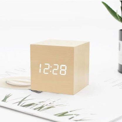 Wekker Digitale LED Houten Kubus Klok Temperatuurweergave