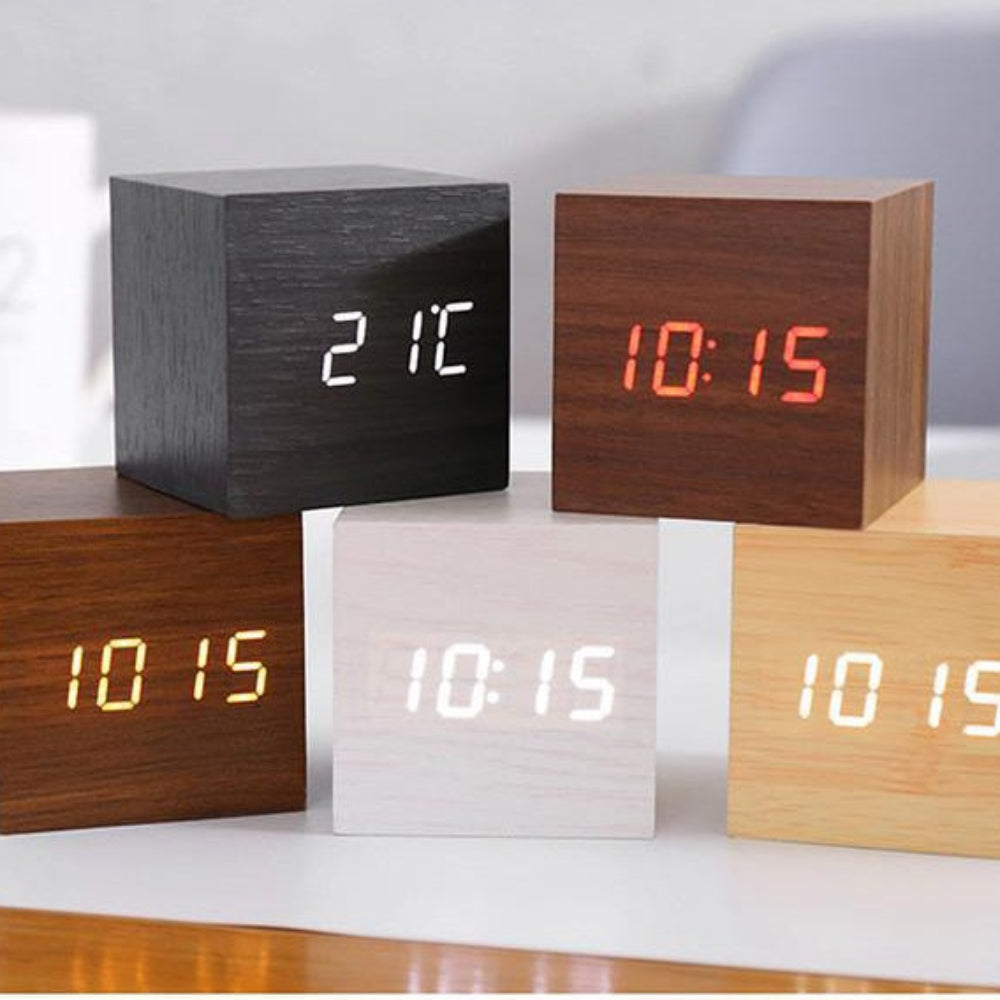 Wekker Digitale LED Houten Kubus Klok Temperatuurweergave