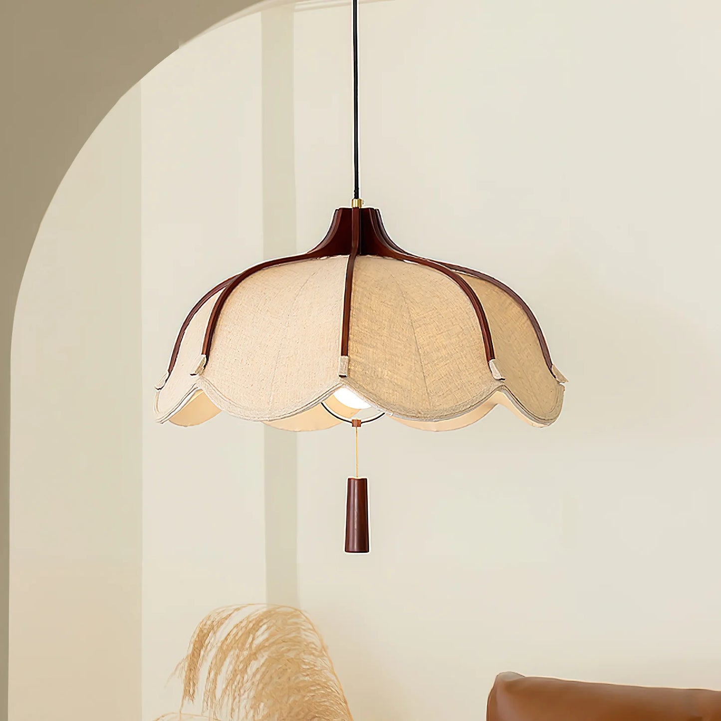Vintage Lichtkunst Hangerlamp in Hout & Stof