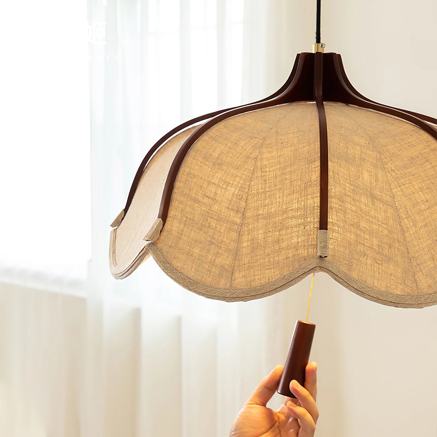Vintage Lichtkunst Hangerlamp in Hout & Stof