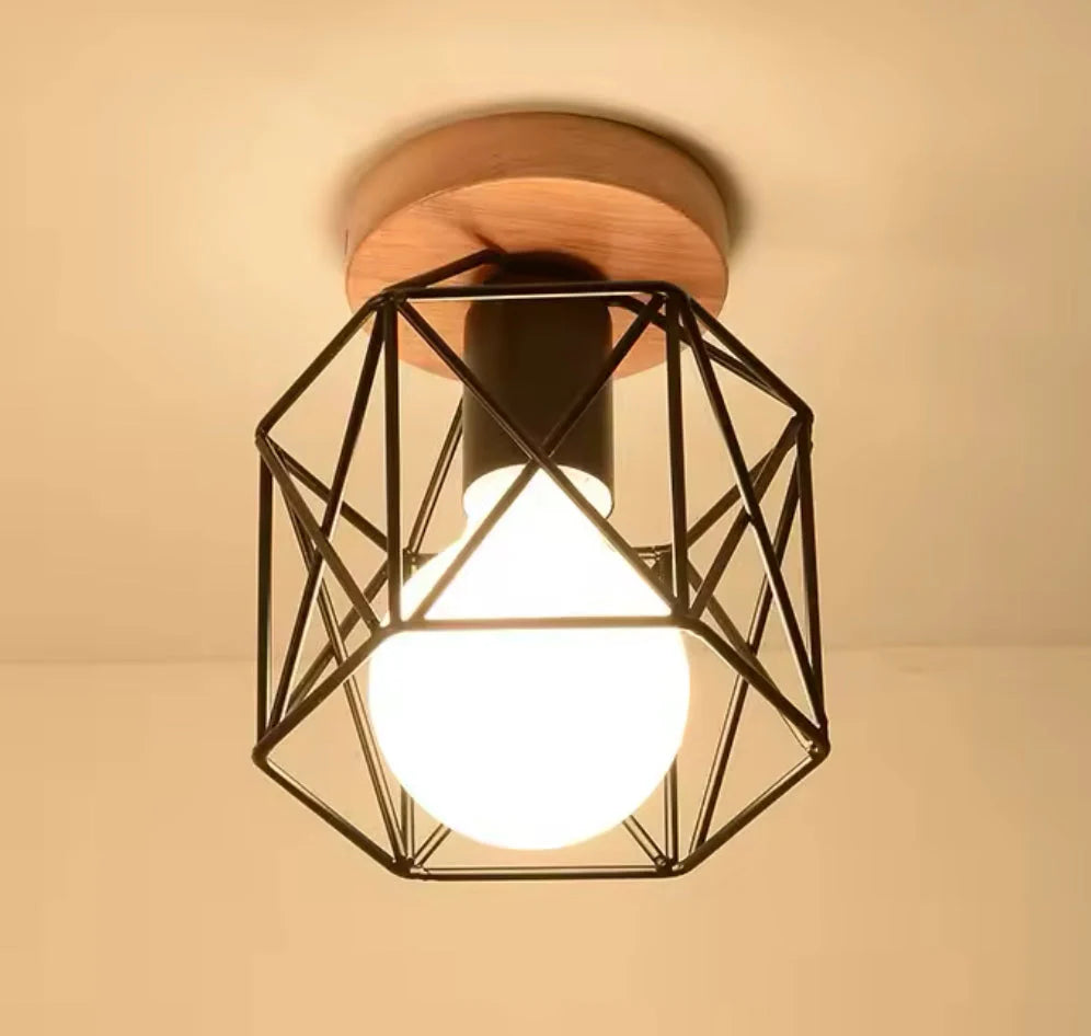 Geometrische Plafondlamp met Houten Basis – Industrieel Design met Warm Karakter