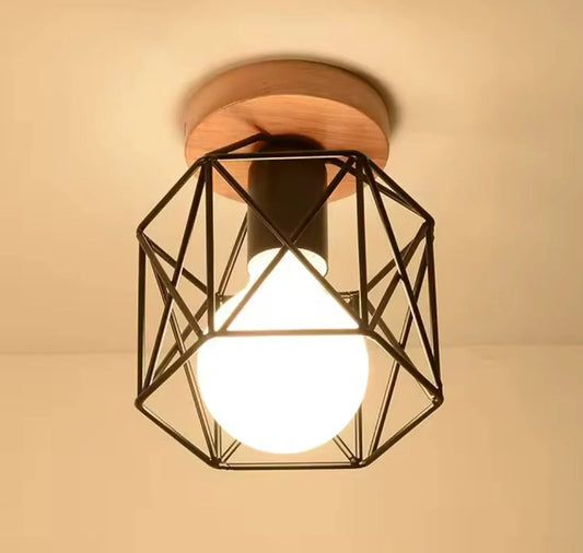 Geometrische Plafondlamp met Houten Basis – Industrieel Design met Warm Karakter