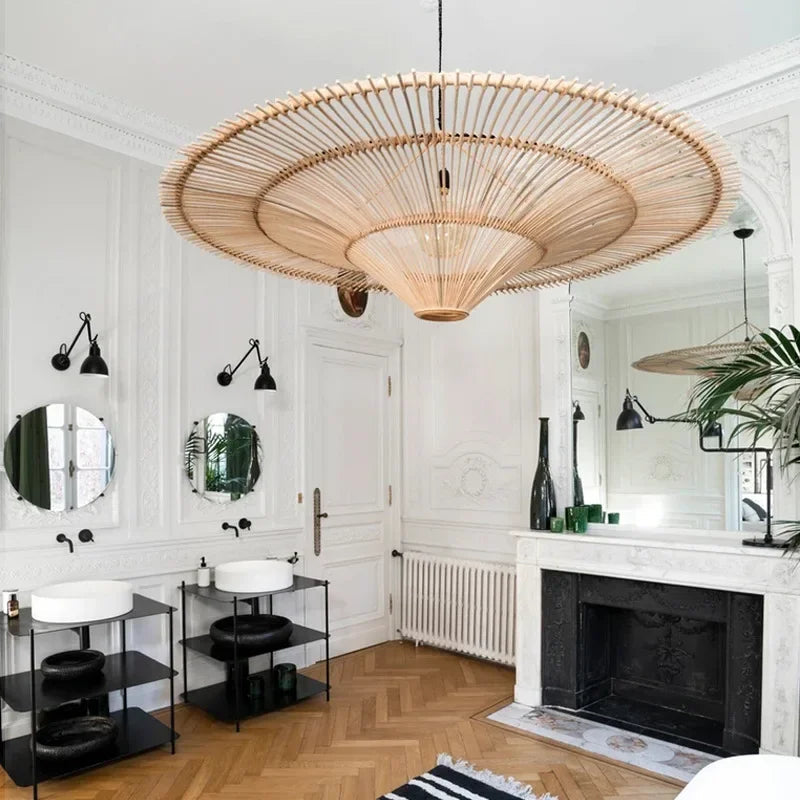 Handgemaakte Rieten Plafondlamp met Warme lichting