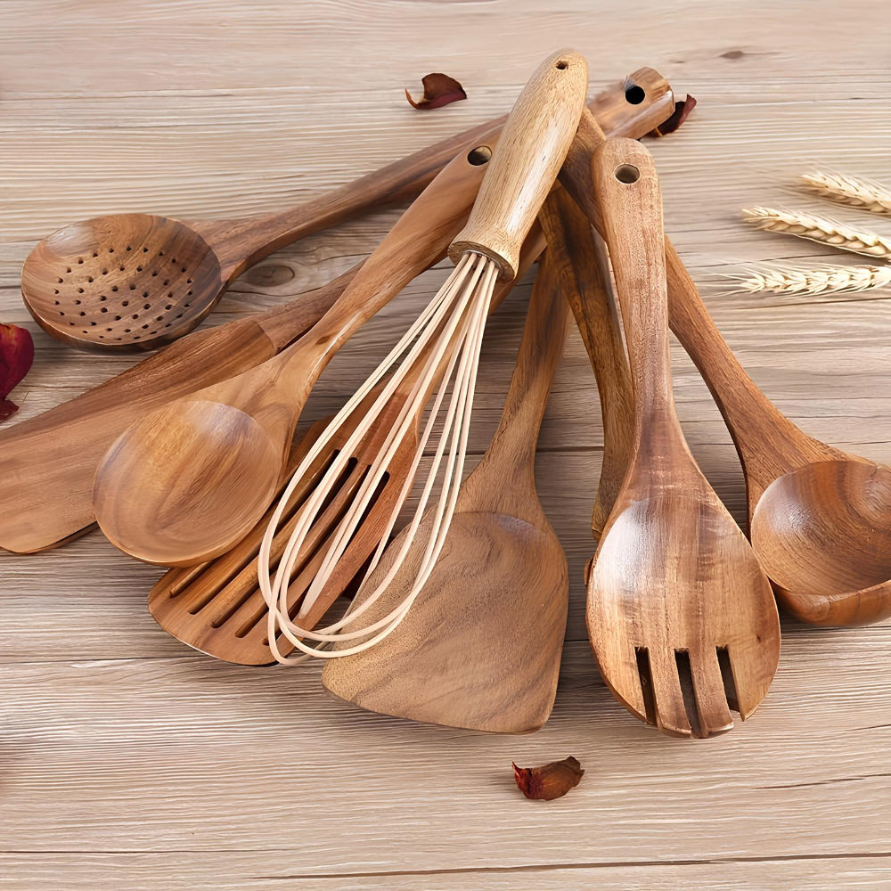 Keukengerei Set Teakhout Complete Kookhulpen Houten Houder