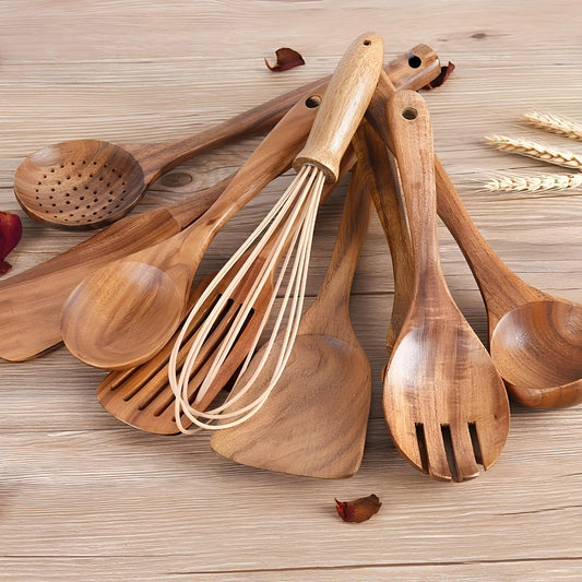 Keukengerei Set Teakhout Complete Kookhulpen Houten Houder