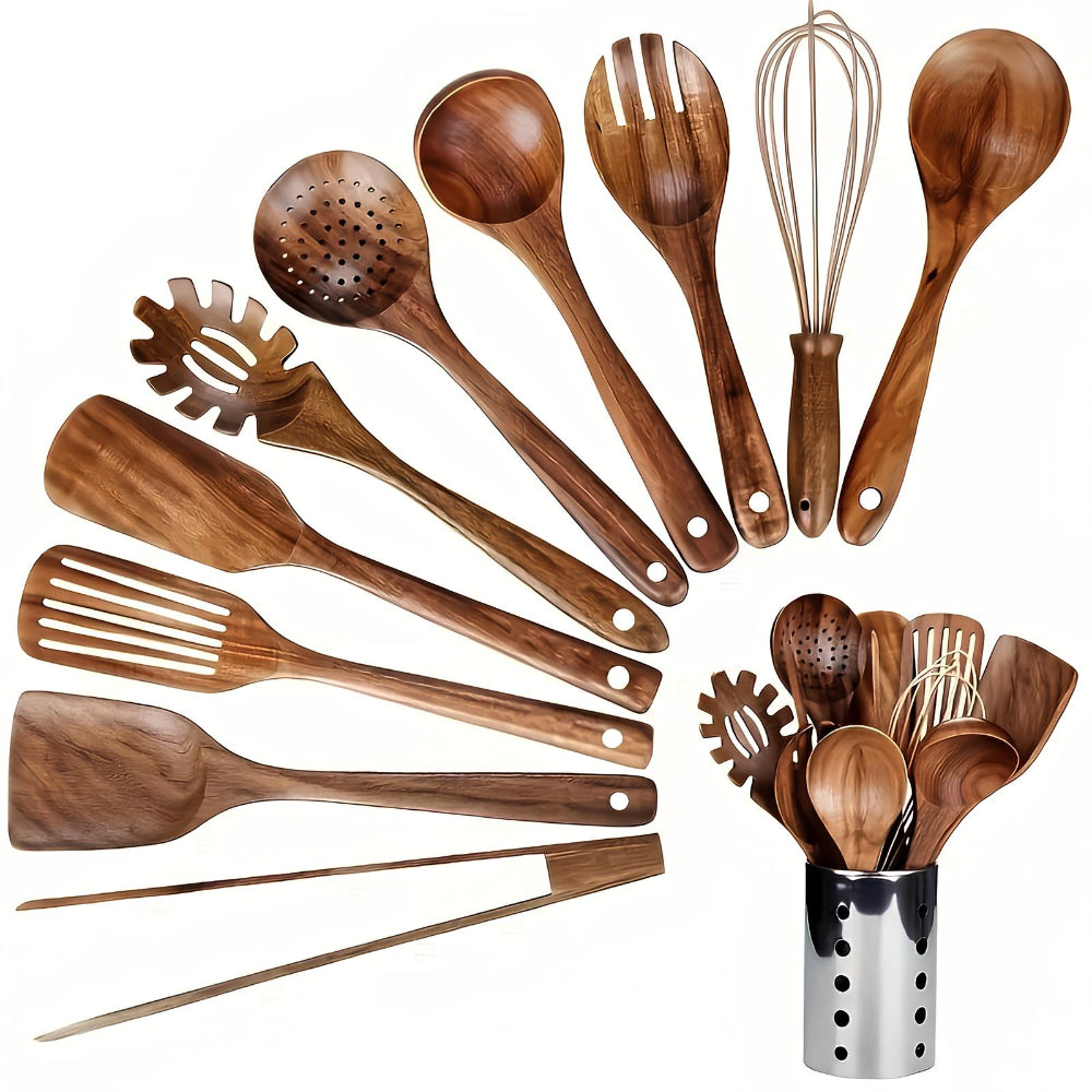 Keukengerei Set Teakhout Complete Kookhulpen Houten Houder