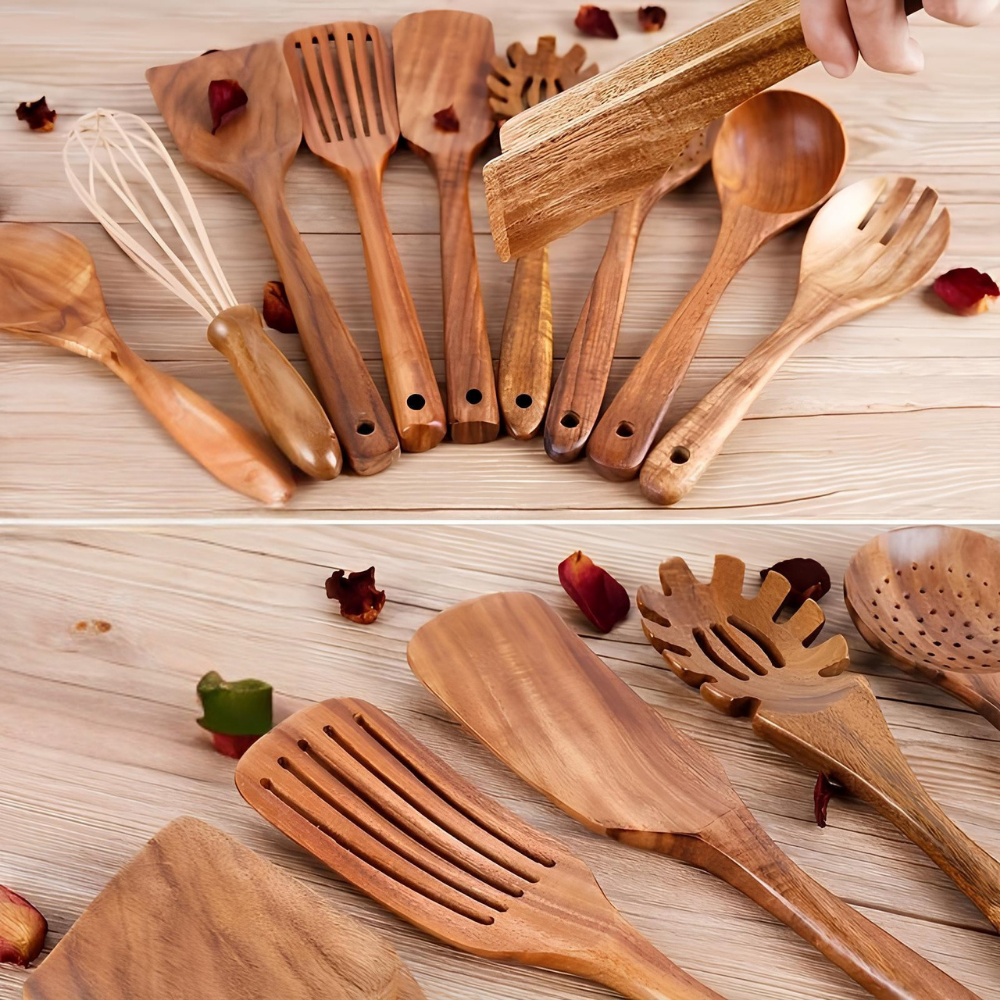 Keukengerei Set Teakhout Complete Kookhulpen Houten Houder