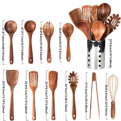 Keukengerei Set Teakhout Complete Kookhulpen Houten Houder