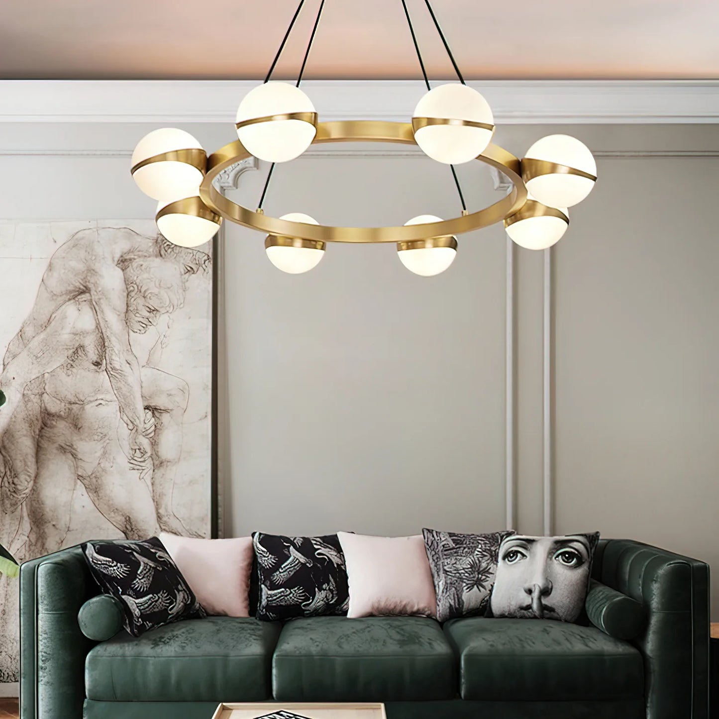 Minimalistische Luxe Messing & Glas Chandelier