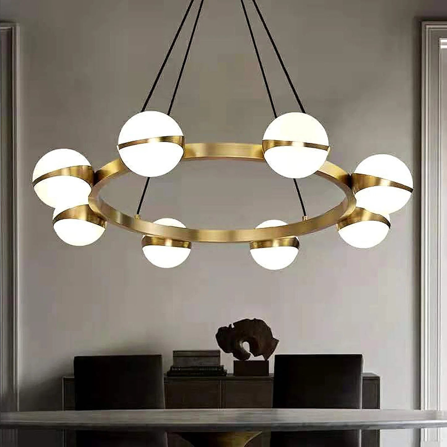 Minimalistische Luxe Messing & Glas Chandelier