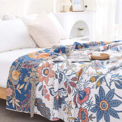 Plaid Deken Katoen Bloemen Jacquard Kwastjes Omkeerbaar