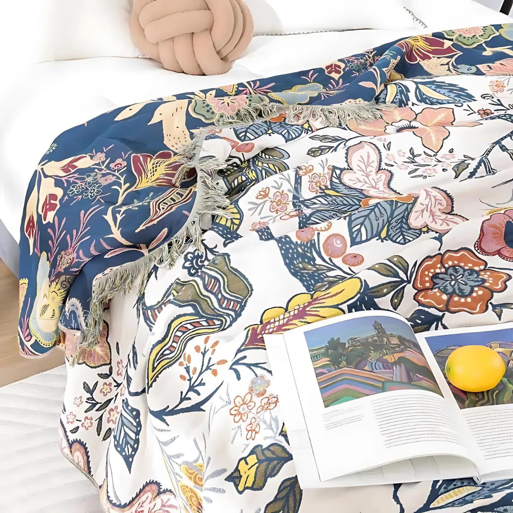 Plaid Deken Katoen Bloemen Jacquard Kwastjes Omkeerbaar