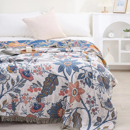 Plaid Deken Katoen Bloemen Jacquard Kwastjes Omkeerbaar