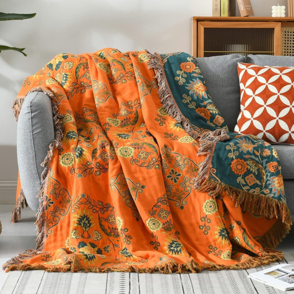 Plaid Deken Katoen Bloemen Omkeerbaar Vintage