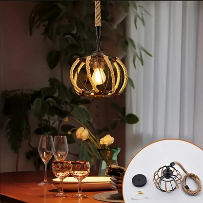 Industriële Hanglamp met Gevlochten Touw en IJzeren Frame