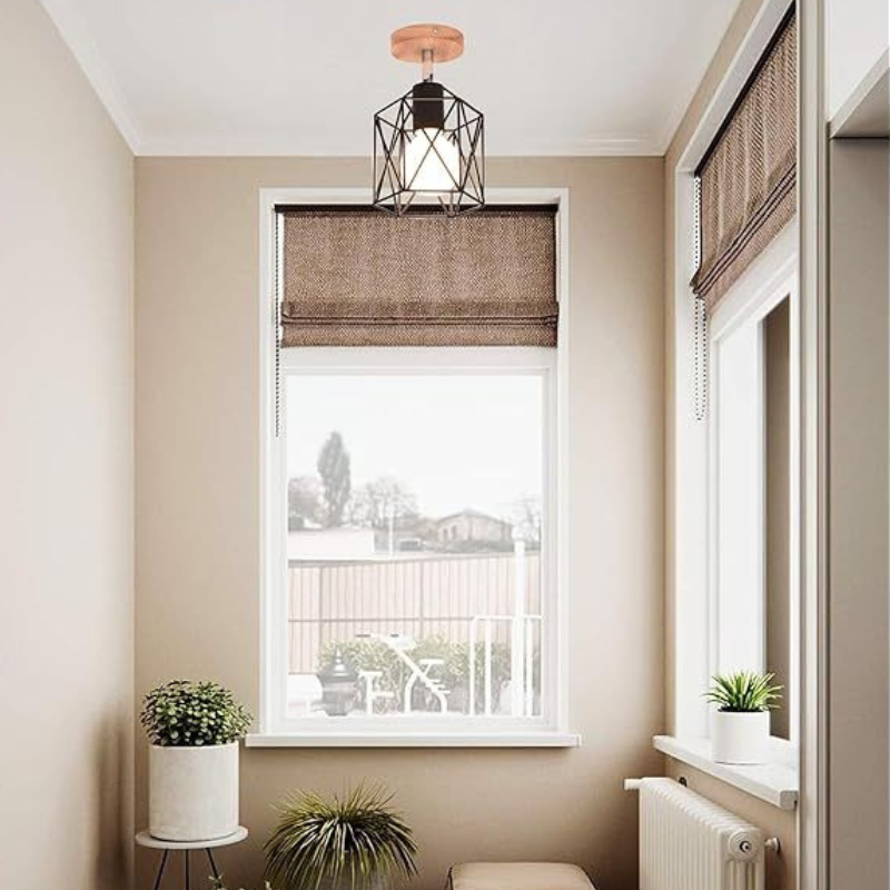 Geometrische Plafondlamp met Houten Basis – Industrieel Design met Warm Karakter