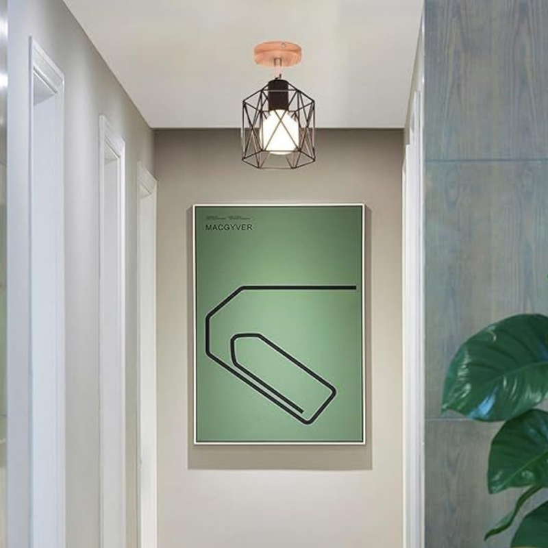 Geometrische Plafondlamp met Houten Basis – Industrieel Design met Warm Karakter