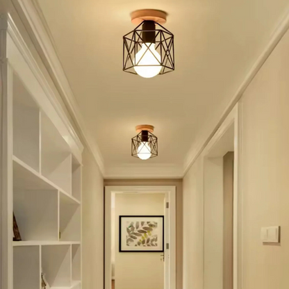 Geometrische Plafondlamp met Houten Basis – Industrieel Design met Warm Karakter