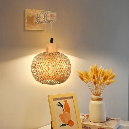 Bamboe Wandlamp – Handgeweven Lantaarn met Stekker