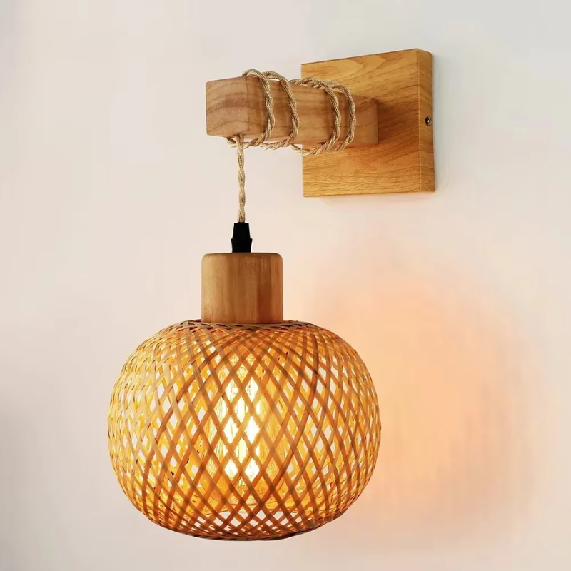 Bamboe Wandlamp – Handgeweven Lantaarn met Stekker