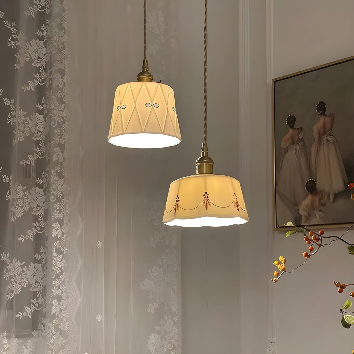Scandinavische Keramische LED Hanglamp met Walnoothout