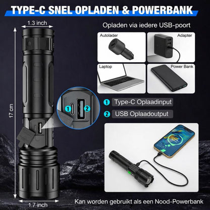 Zaklamp Oplaadbaar LED Tactisch Ultra Helder Voor Buiten Gebruik