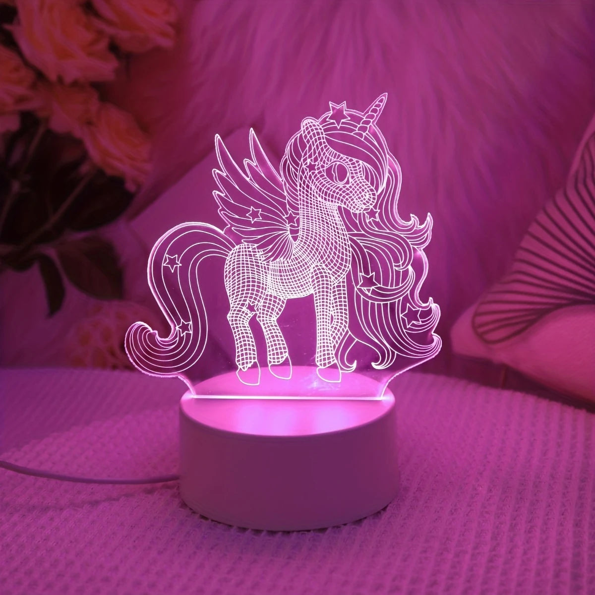 Schattig 3D Eenhoorn Nachtlampje - USB Roze Stemming Tafellampje