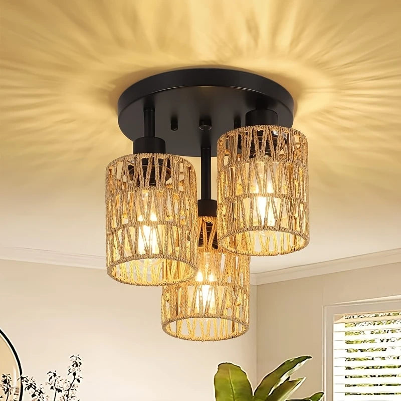 Boho Plafondlamp Met Rotan Kappen en Zwart Mand Frame