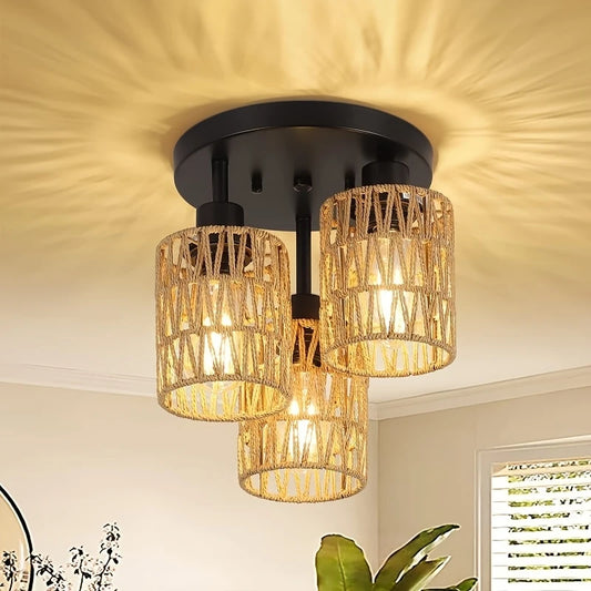 Boho Plafondlamp Met Rotan Kappen en Zwart Mand Frame