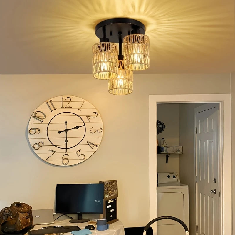 Boho Plafondlamp Met Rotan Kappen en Zwart Mand Frame