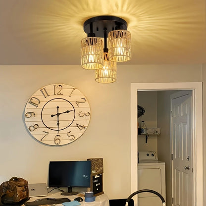 Boho Plafondlamp Met Rotan Kappen en Zwart Mand Frame