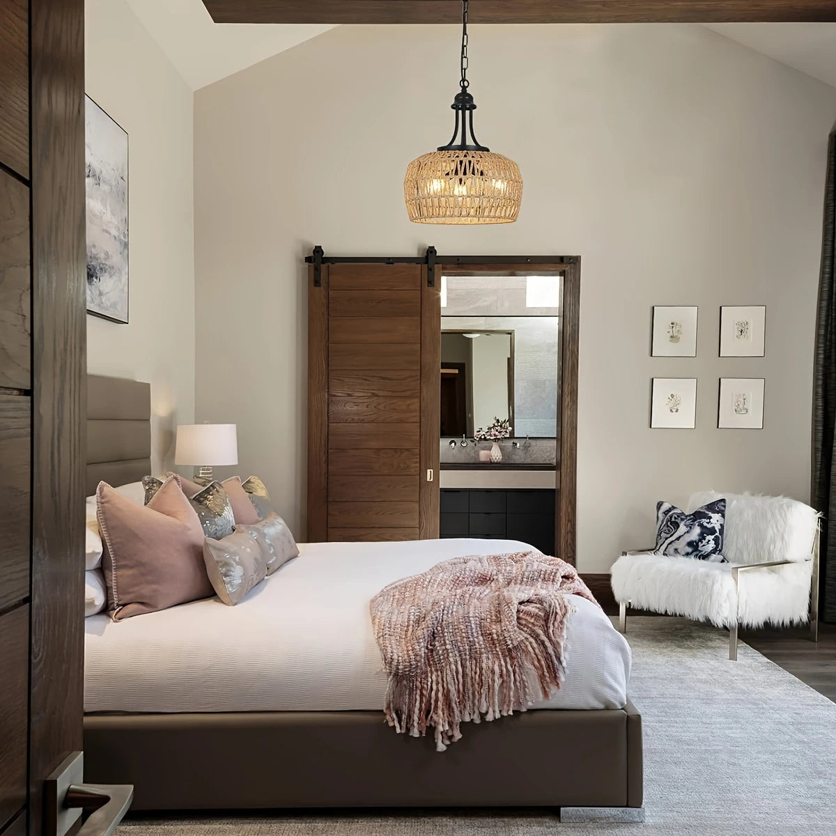 3-lichts Boho Boerderij Kroonluchter– Hanglamp met Gevlochten Rattan Look