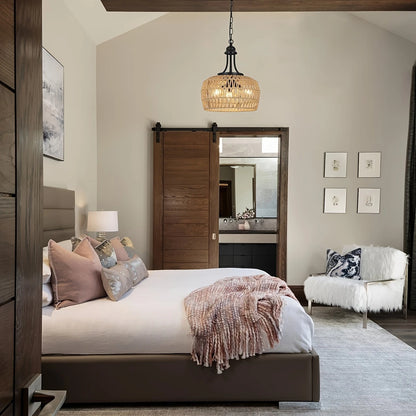 3-lichts Boho Boerderij Kroonluchter– Hanglamp met Gevlochten Rattan Look