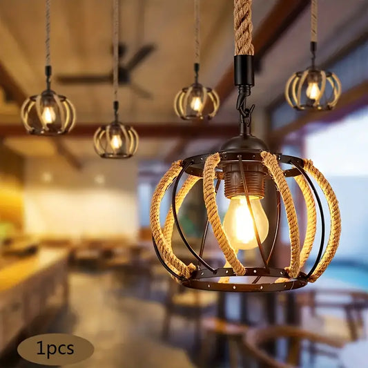 Industriële Hanglamp met Gevlochten Touw en IJzeren Frame