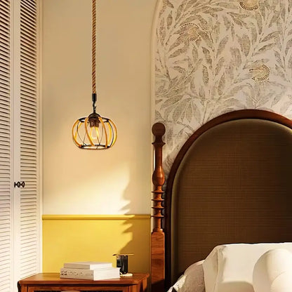 Industriële Hanglamp met Gevlochten Touw en IJzeren Frame