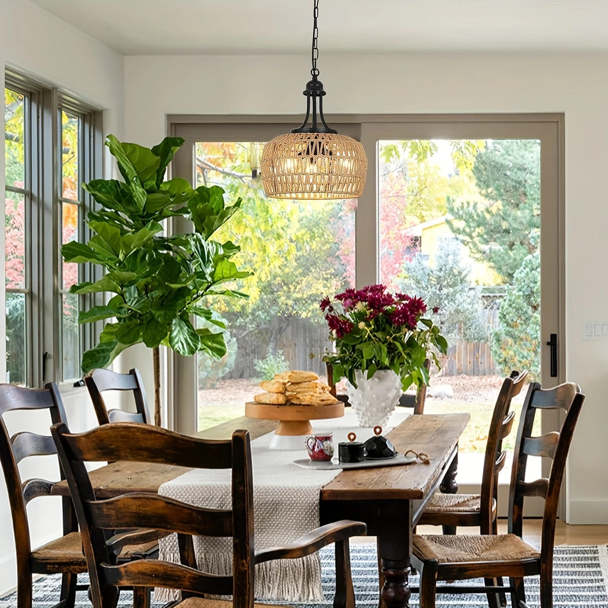 3-lichts Boho Boerderij Kroonluchter– Hanglamp met Gevlochten Rattan Look