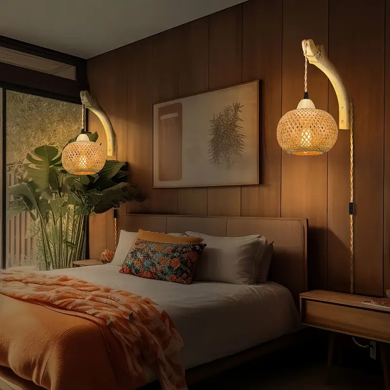 Bamboe Wandlamp – Handgeweven Lantaarn met Stekker