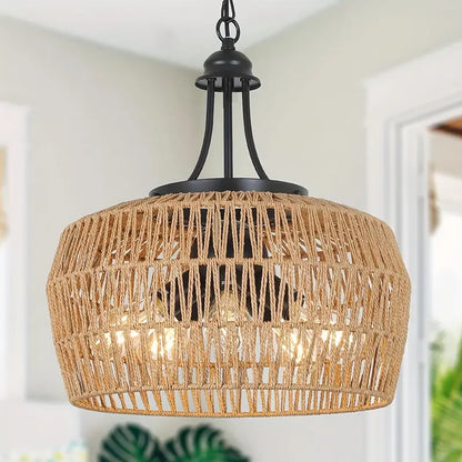 3-lichts Boho Boerderij Kroonluchter– Hanglamp met Gevlochten Rattan Look