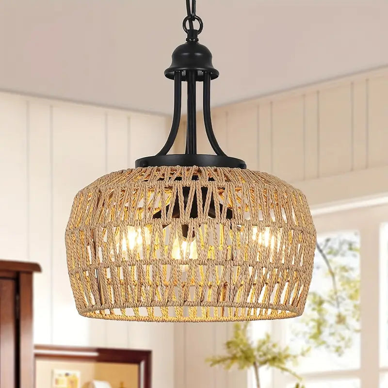3-lichts Boho Boerderij Kroonluchter– Hanglamp met Gevlochten Rattan Look