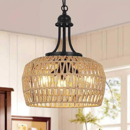 3-lichts Boho Boerderij Kroonluchter– Hanglamp met Gevlochten Rattan Look