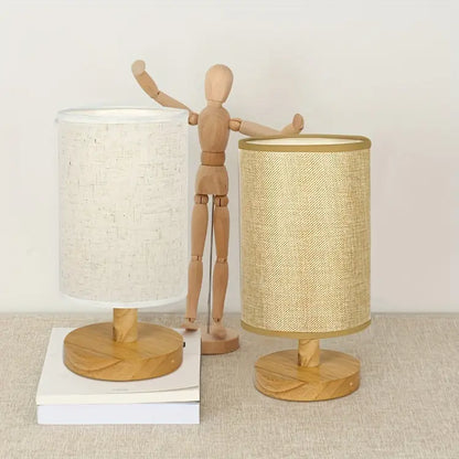 Minimalistische Japanse LED-Tafellamp met Houten Basis en Stoffen Kap