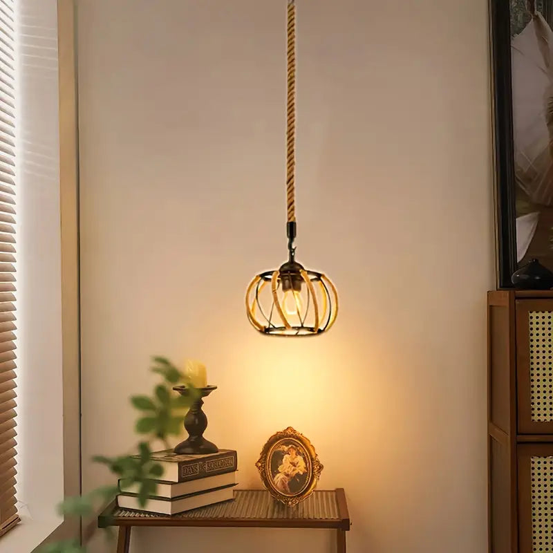 Industriële Hanglamp met Gevlochten Touw en IJzeren Frame