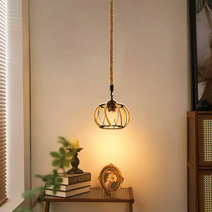 Industriële Hanglamp met Gevlochten Touw en IJzeren Frame